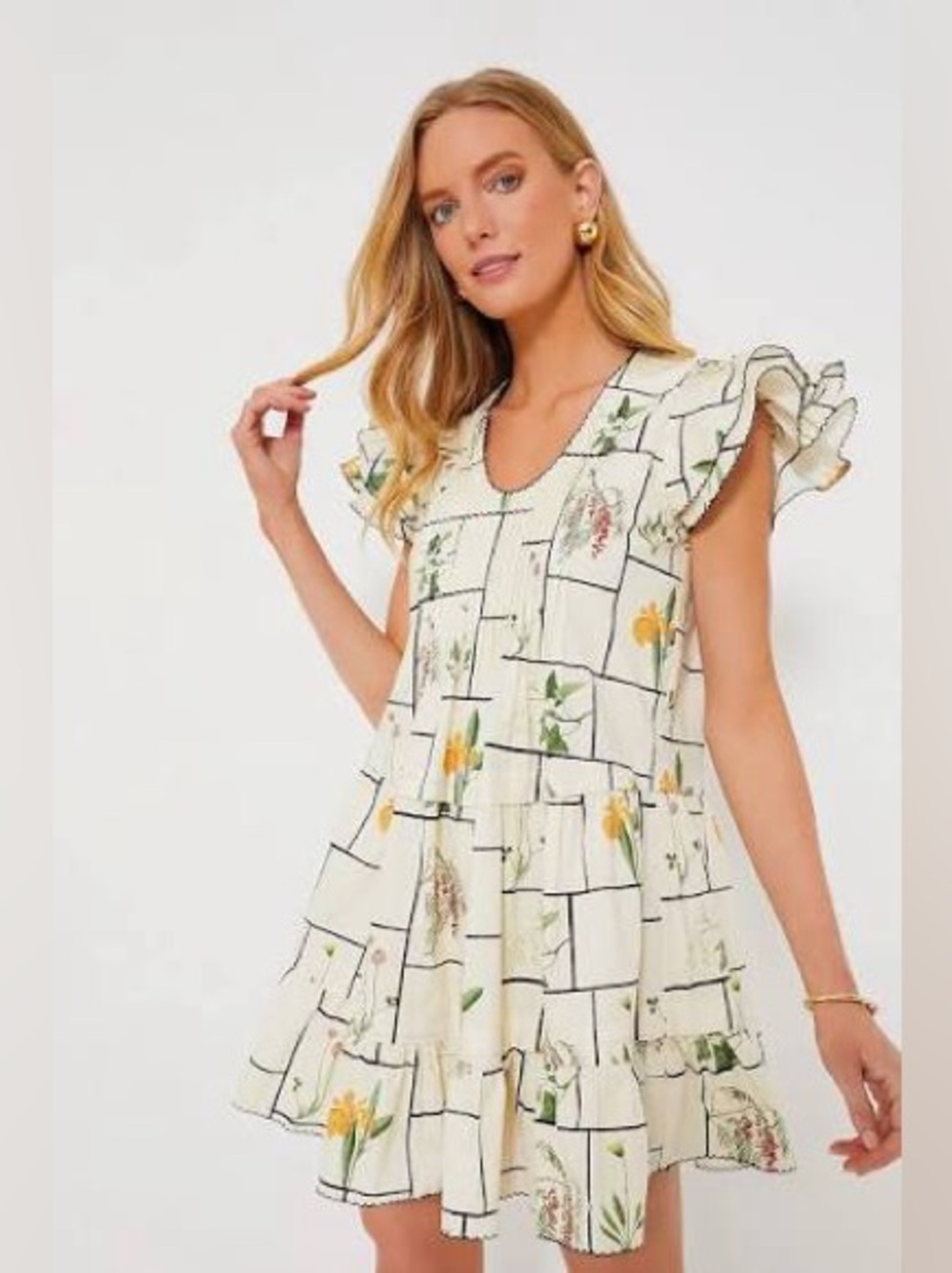 Tuckernuck “Fresher Buds Nell” Dress- Cream Floral Ruffle-Sleeve Dress NWT